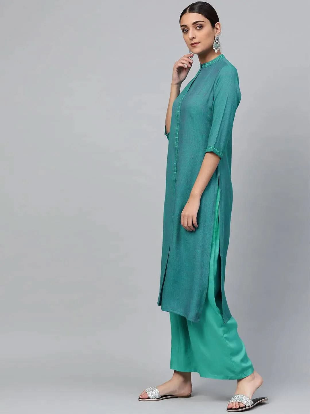 Blue Embroidered Rayon Kurta Set - Libas 