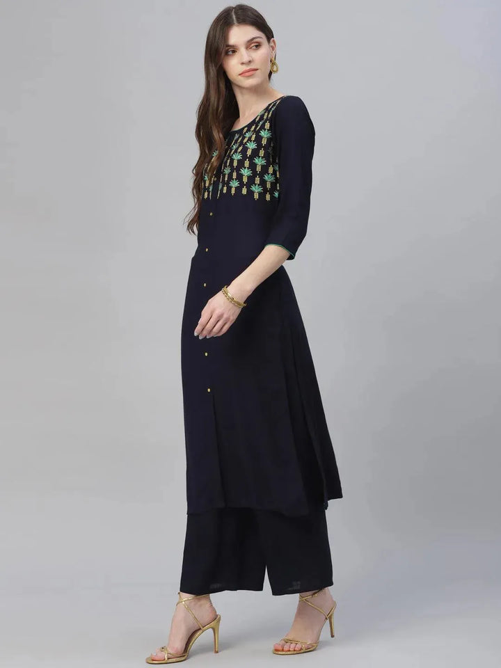 Blue Embroidered Rayon Kurta Set - Libas