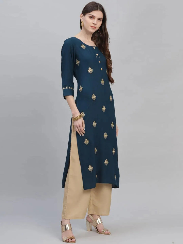 Blue Embroidered Rayon Kurta Set - Libas