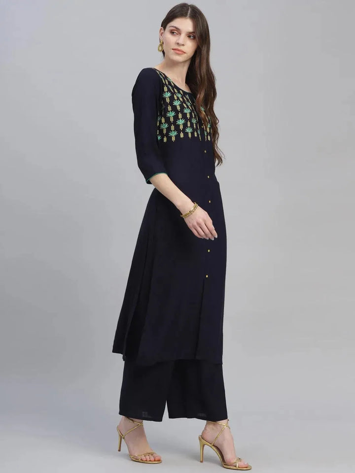 Blue Embroidered Rayon Kurta Set - Libas