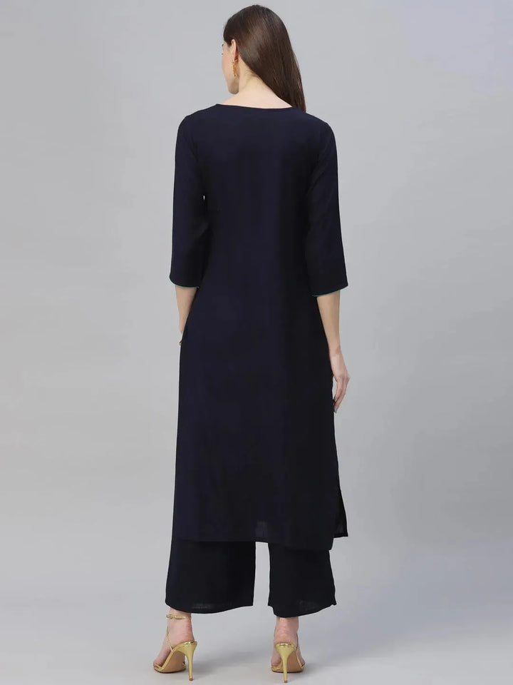 Blue Embroidered Rayon Kurta Set - Libas