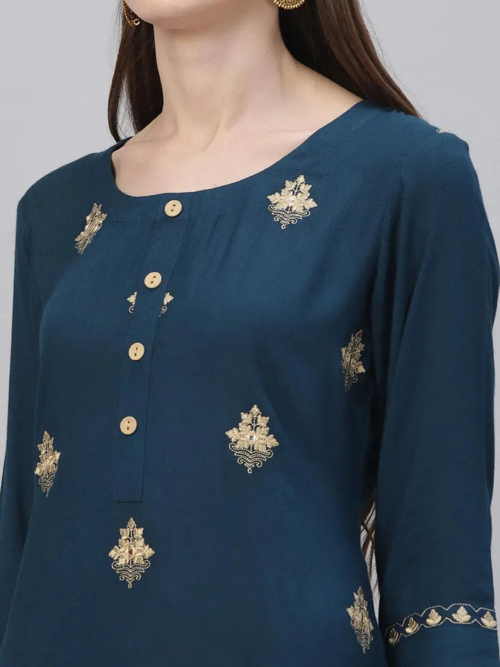 Blue Embroidered Rayon Kurta Set - Libas