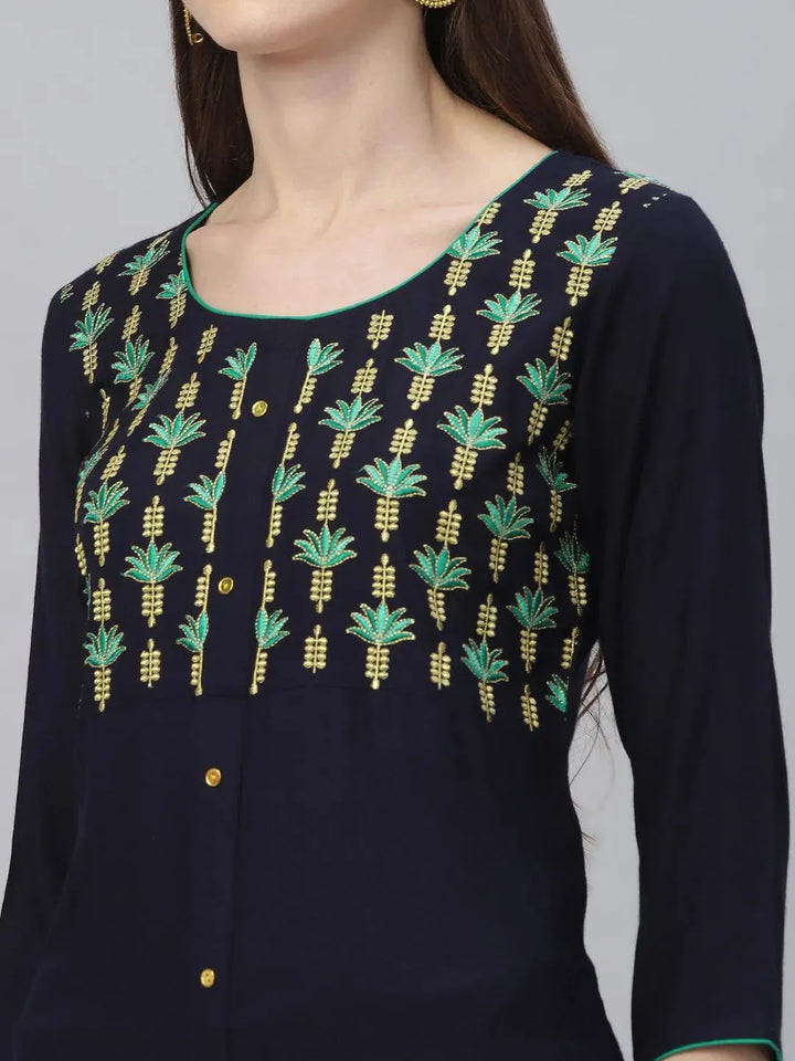 Blue Embroidered Rayon Kurta Set - Libas