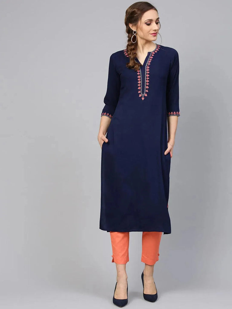 Libas Blue Embroidered Rayon Straight Kurta With Trousers