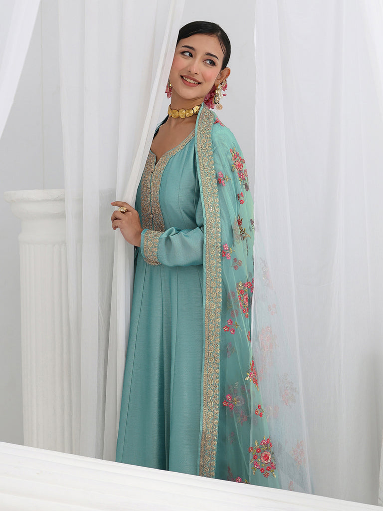 Libas Blue Embroidered Silk A-Line Gown With Dupatta