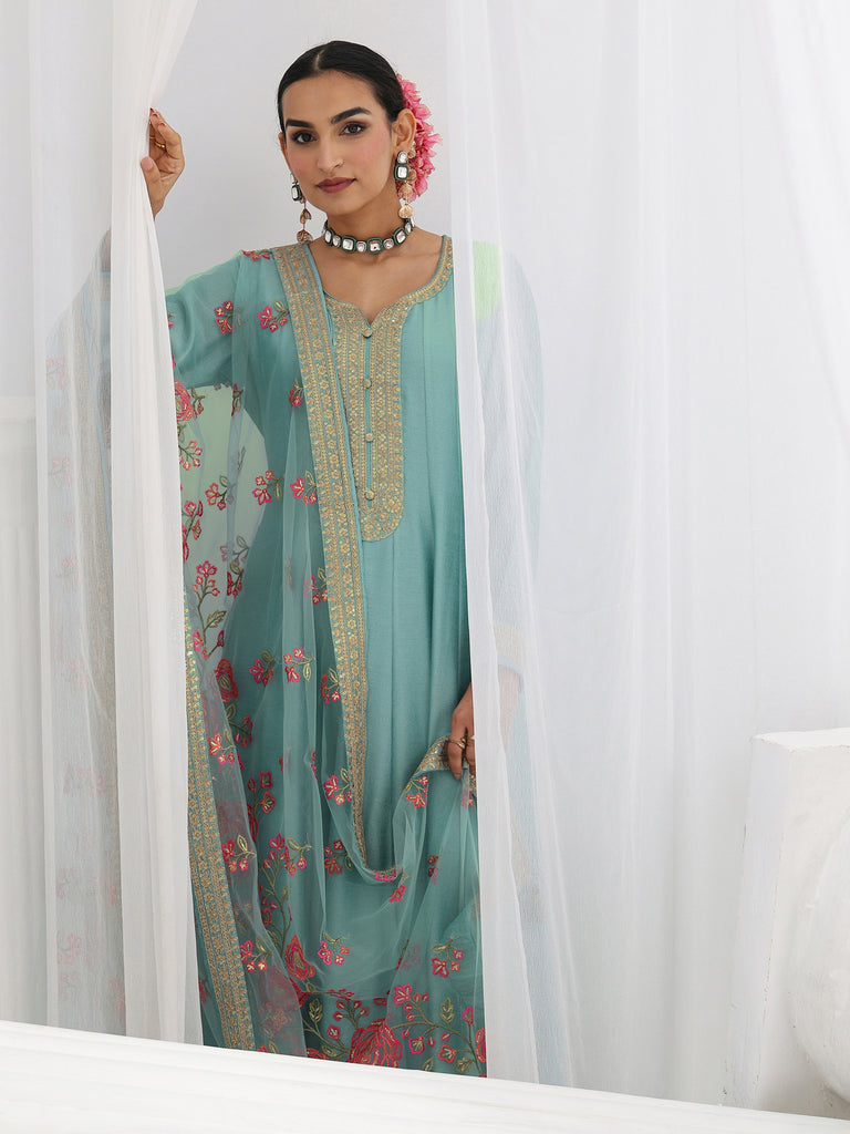 Libas Blue Embroidered Silk A-Line Gown With Dupatta