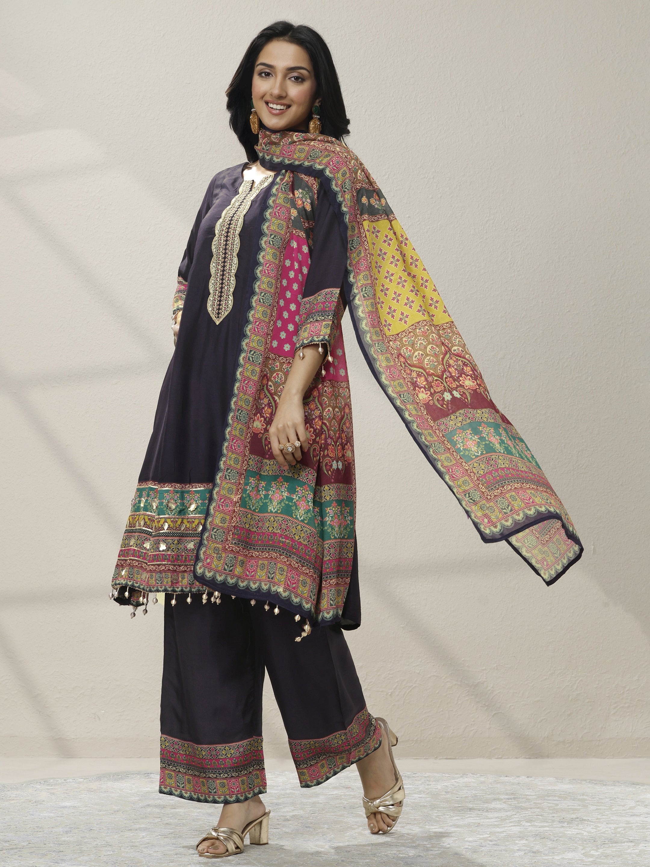 libas Blue Embroidered Silk blend A-line Suit Set With Dupatta-picture-24