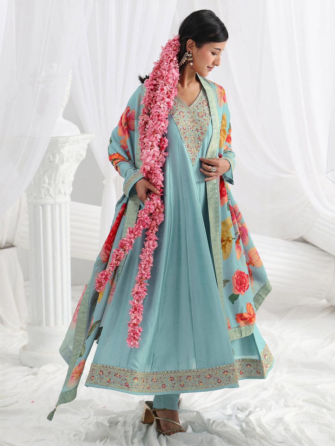 Blue Embroidered Silk Blend A-Line Suit Set With Dupatta