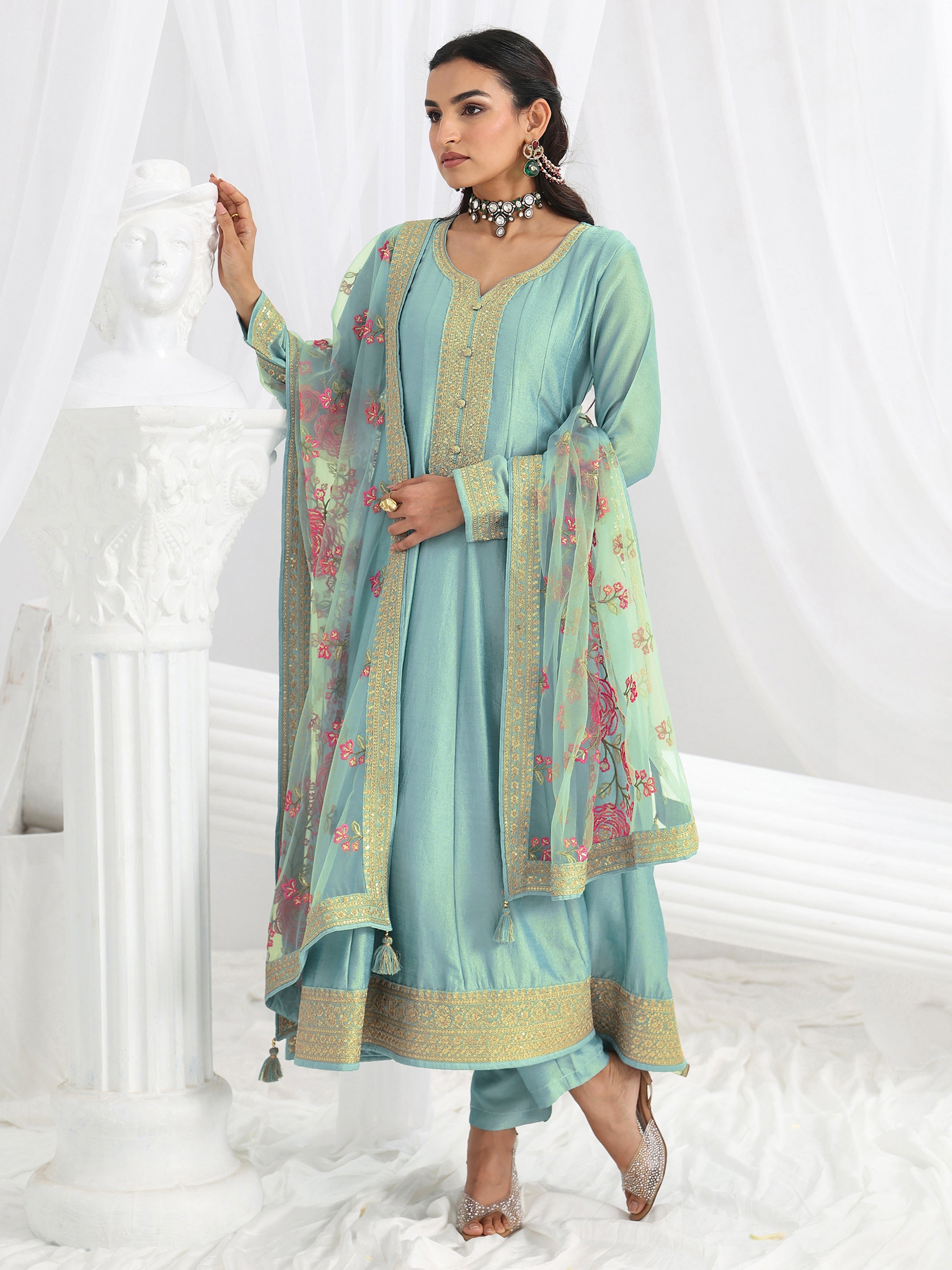libas Blue Embroidered Silk Blend A-Line Suit Set With Dupatta-picture-44