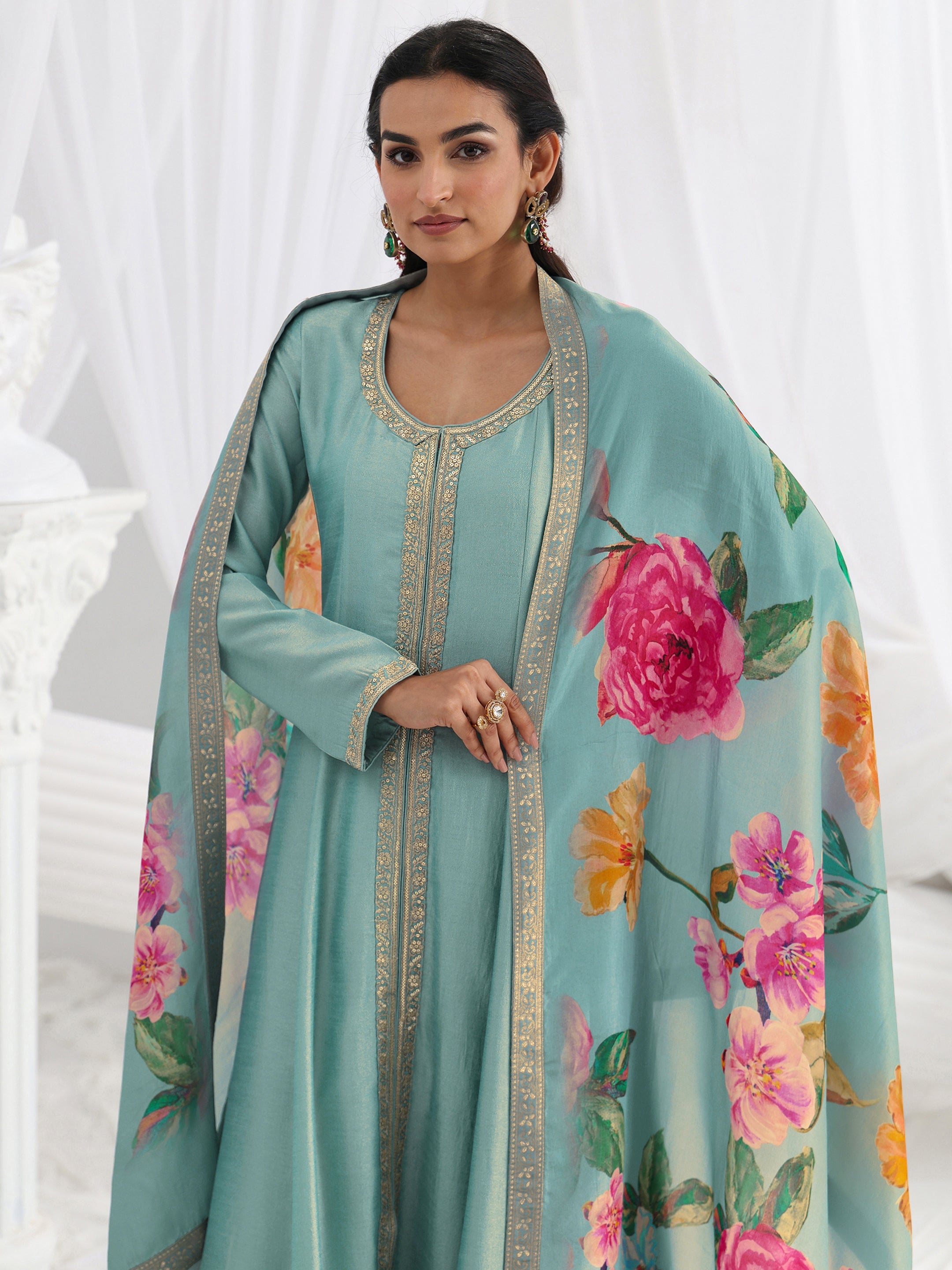 libas Blue Embroidered Silk Blend A-Line Suit Set With Dupatta-picture-28