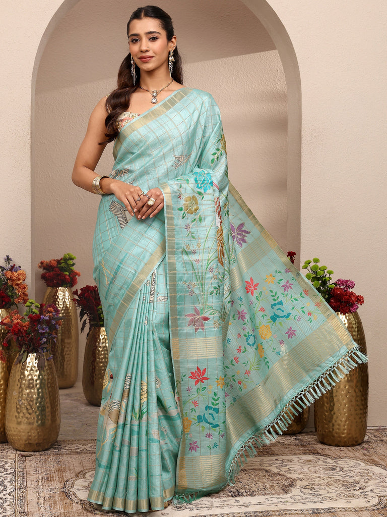Libas Blue Embroidered Silk Blend Saree With Unstitched Blouse Piece