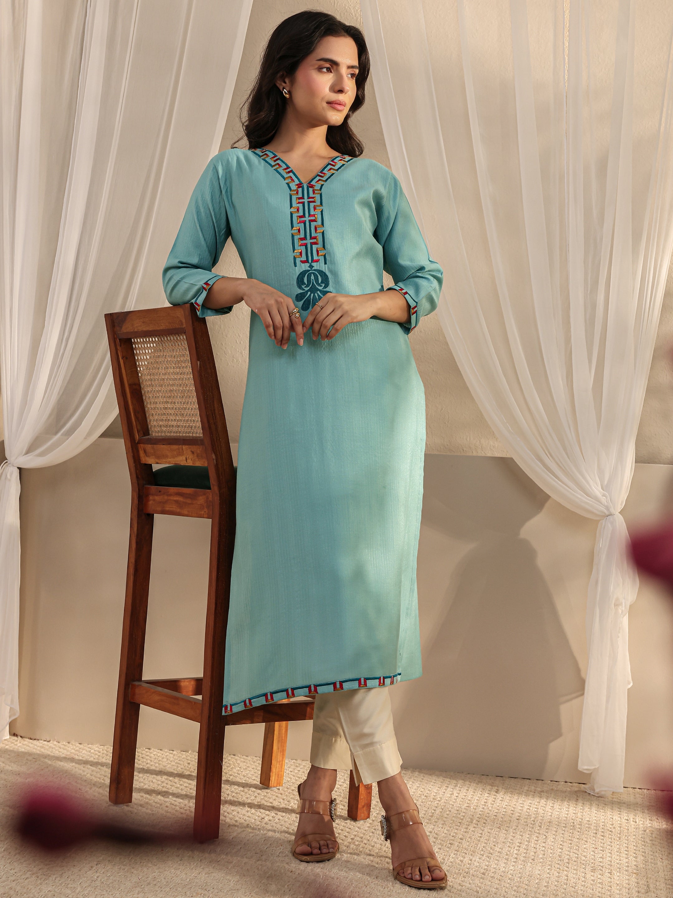 libas Blue Embroidered Silk Blend Straight Kurta-picture-20