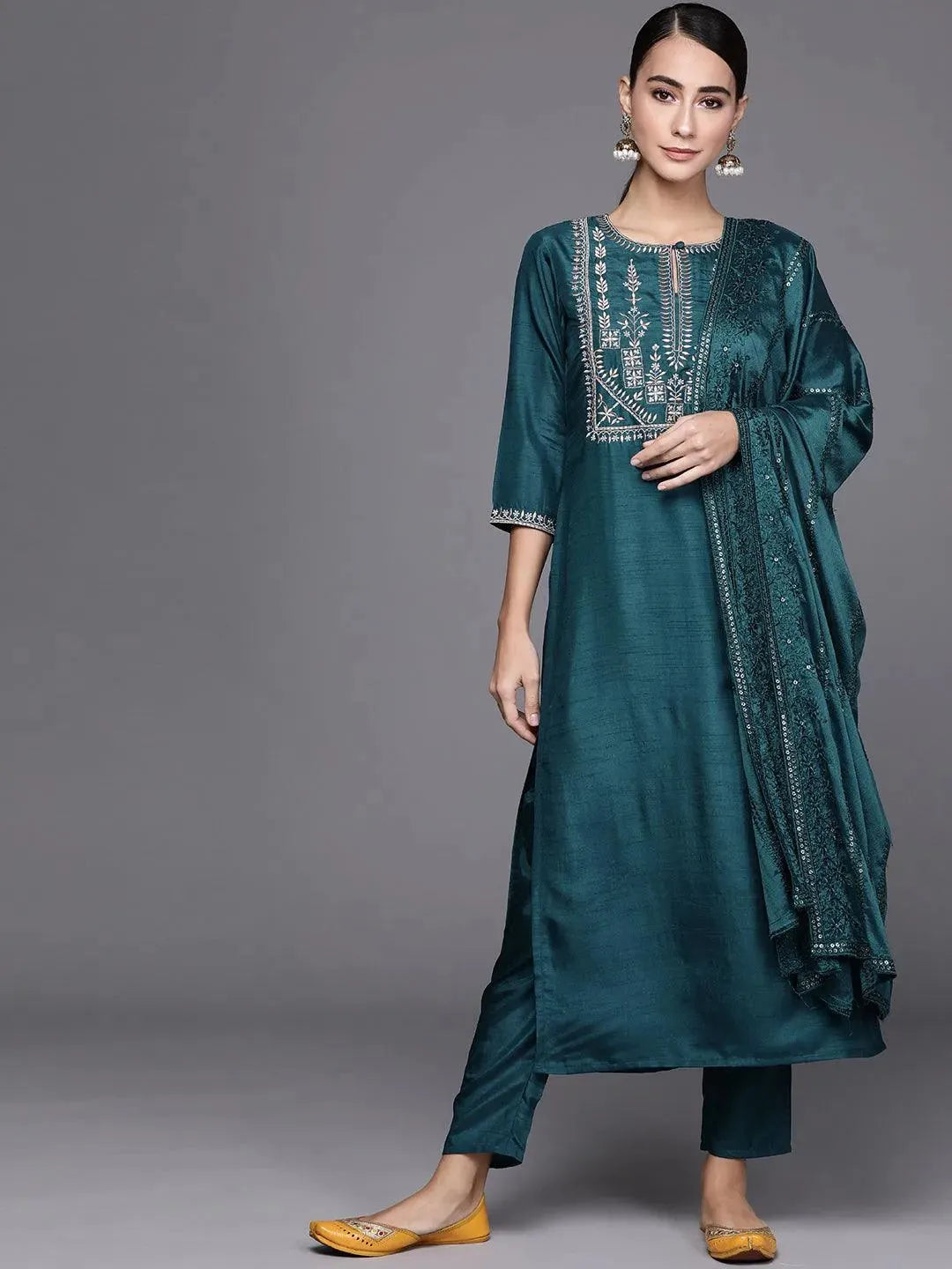 Blue Embroidered Silk Blend Suit Set - Libas