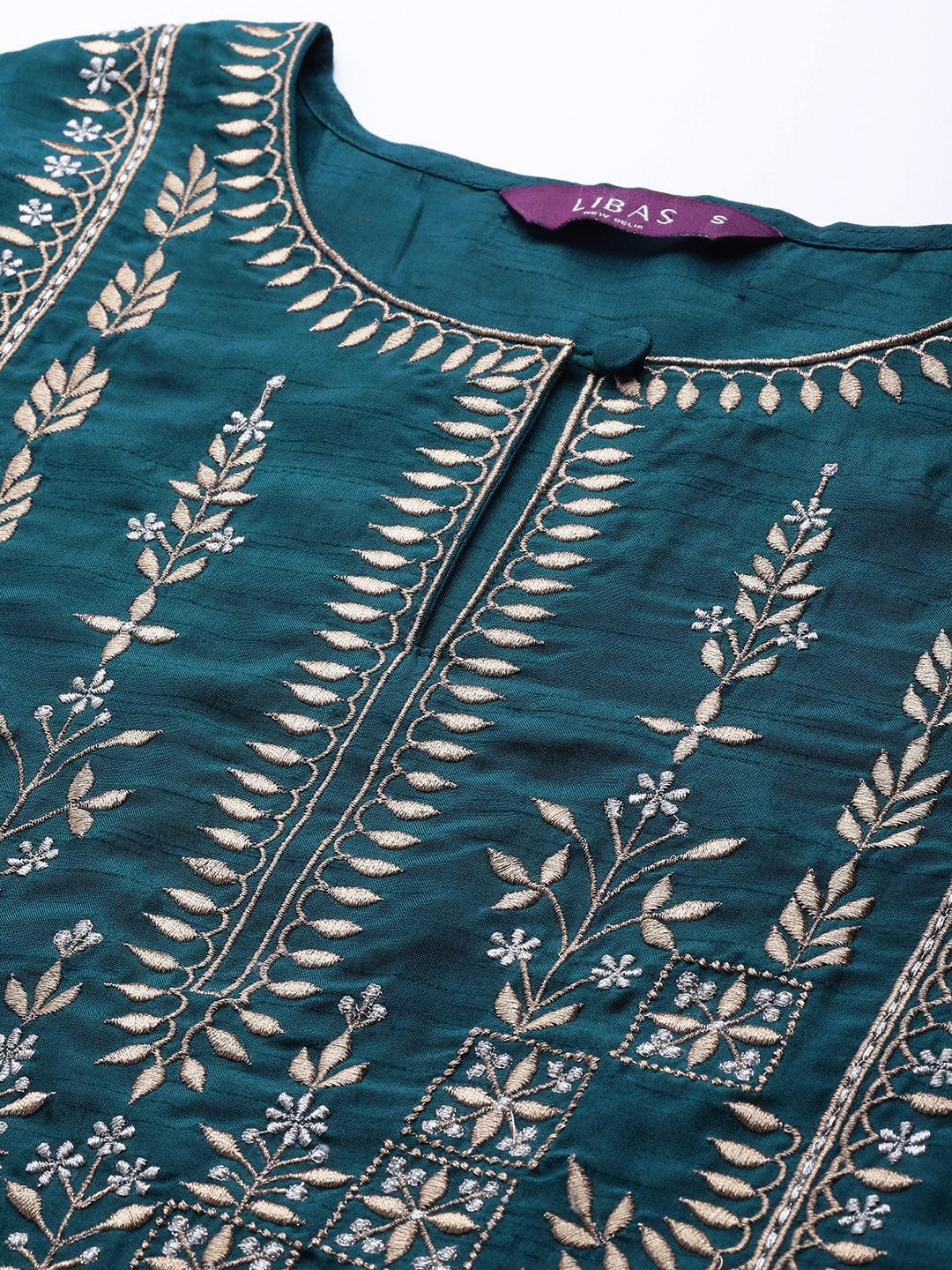 Blue Embroidered Silk Blend Suit Set - Libas