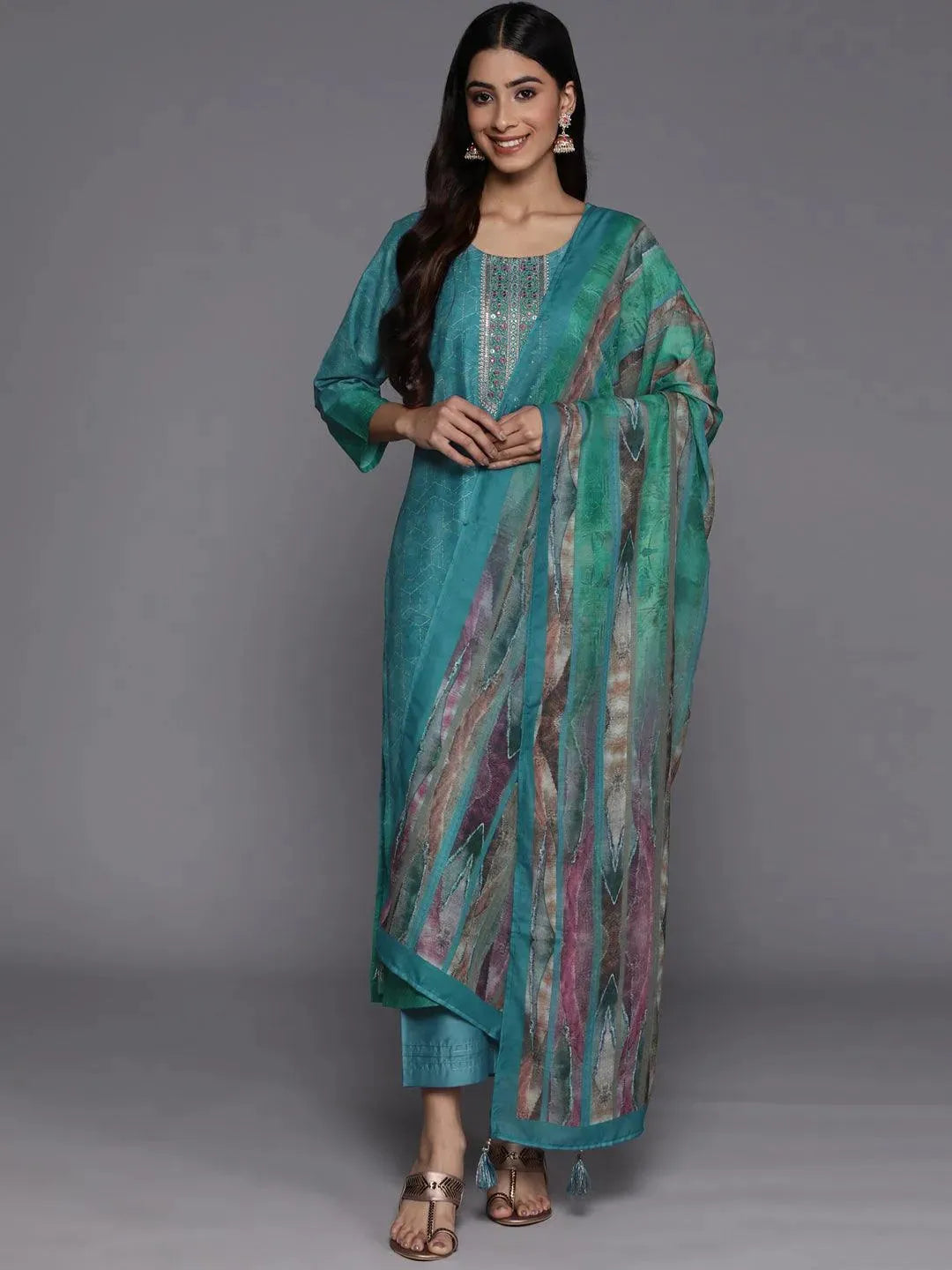 Blue Embroidered Silk Blend Suit Set With Trousers - Libas