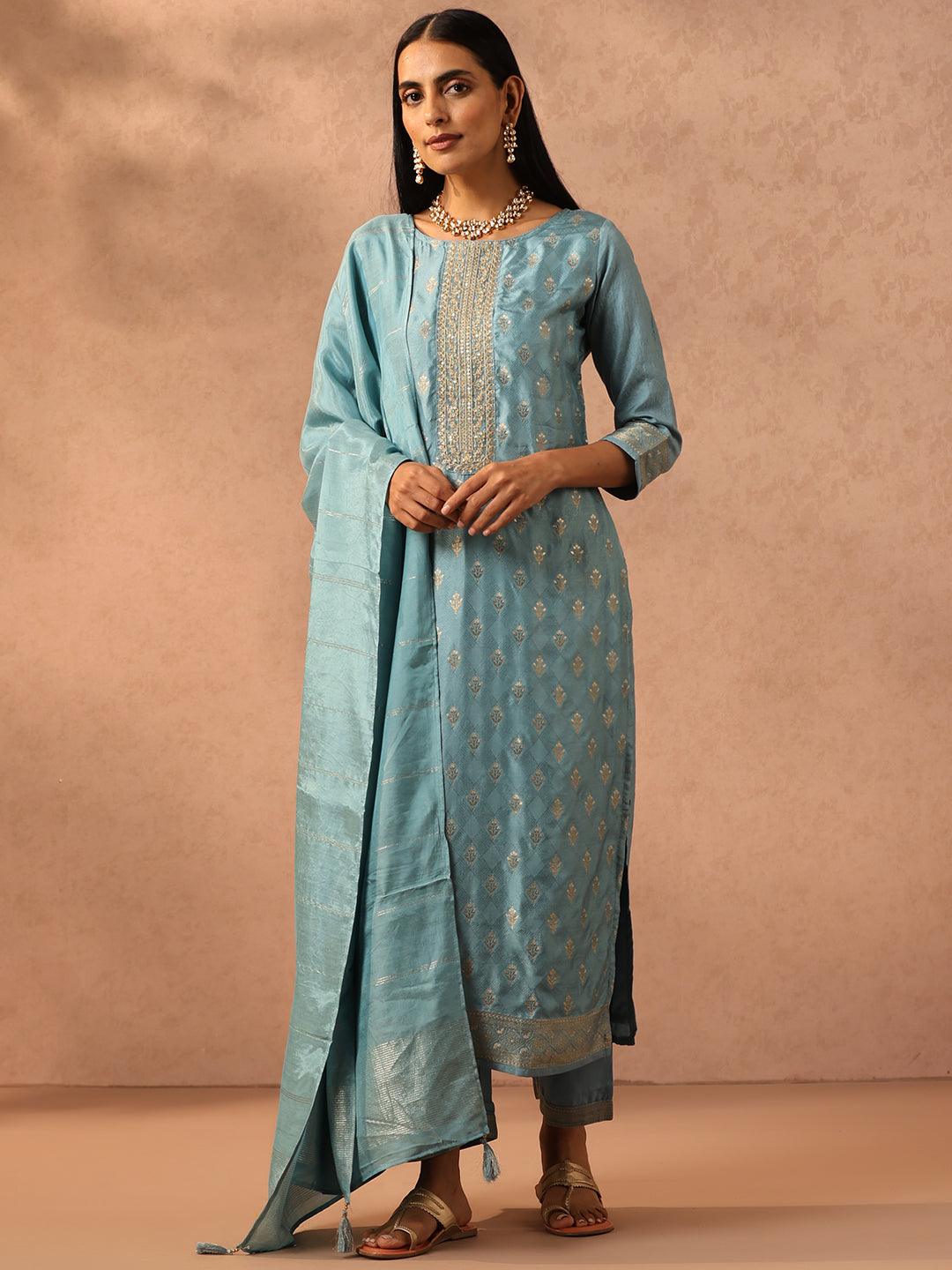 Blue Embroidered Silk Blend Suit Set With Trousers - Libas