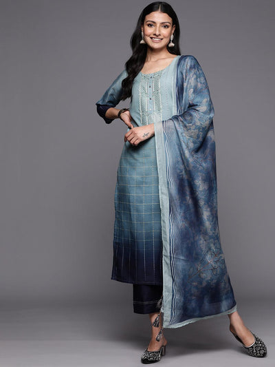 Blue Embroidered Silk Blend Straight Suit Set With Trousers - Libas