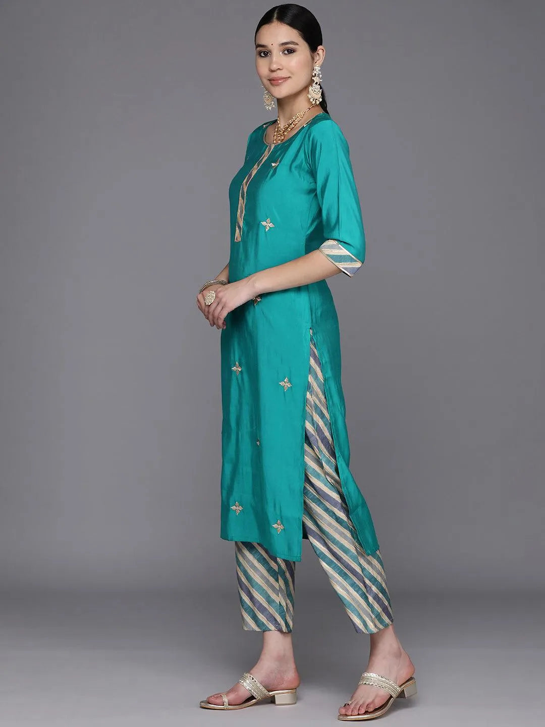 Blue Embroidered Silk Blend Straight Suit Set With Trousers - Libas 