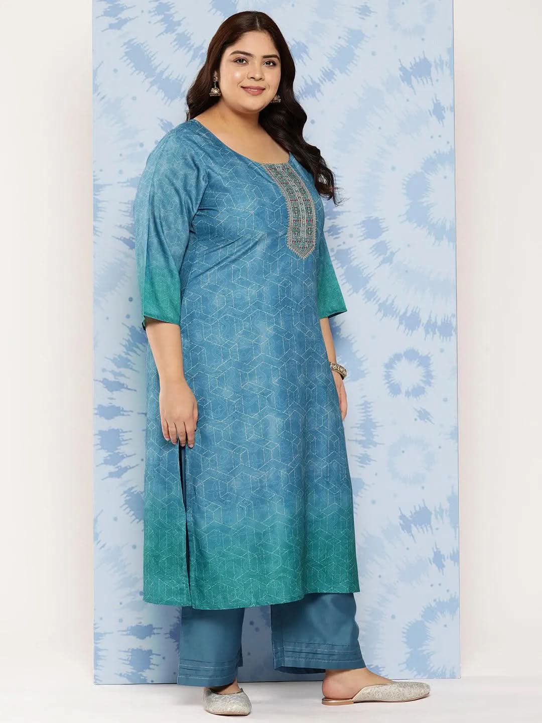 Blue Embroidered Silk Blend Straight Kurta With Trousers and Dupatta - Libas 
