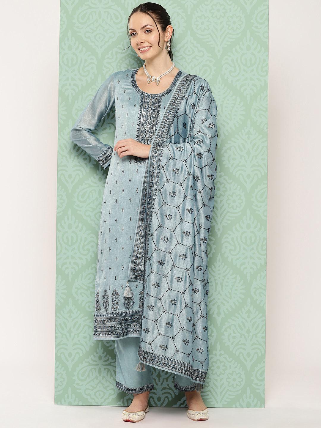 Blue Embroidered Silk Blend Straight Suit With Dupatta