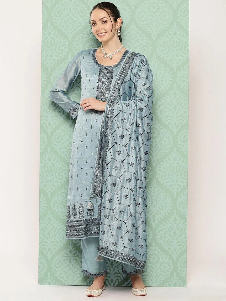 Blue Embroidered Silk Blend Straight Kurta With Trousers & Dupatta - Libas