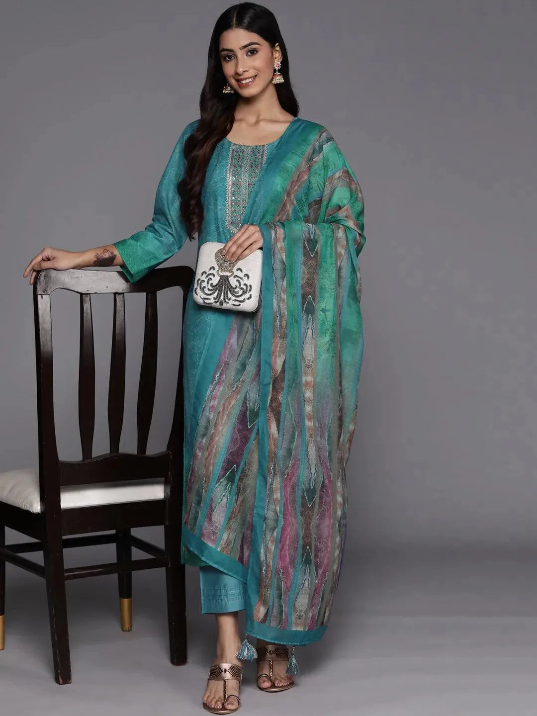 Blue Embroidered Silk Blend Suit Set With Trousers - Libas 
