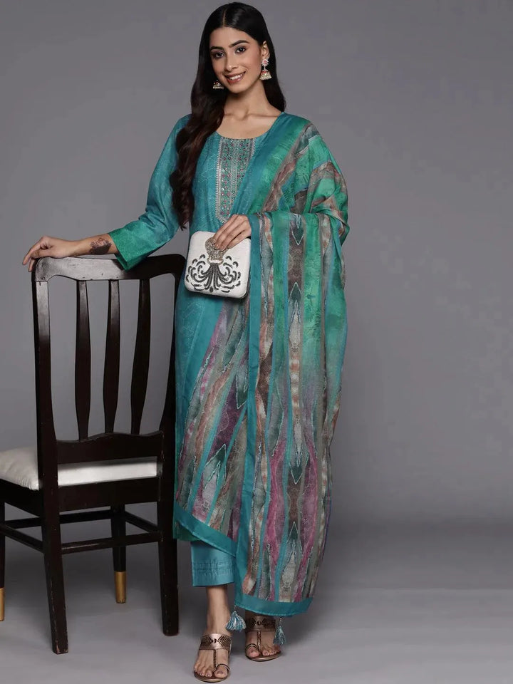 Blue Embroidered Silk Blend Suit Set With Trousers - Libas