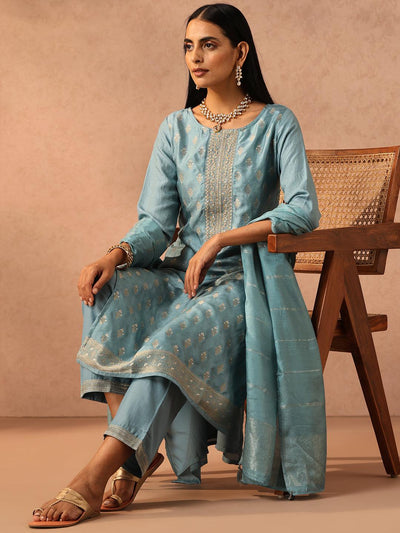 Blue Embroidered Silk Blend Suit Set With Trousers - Libas