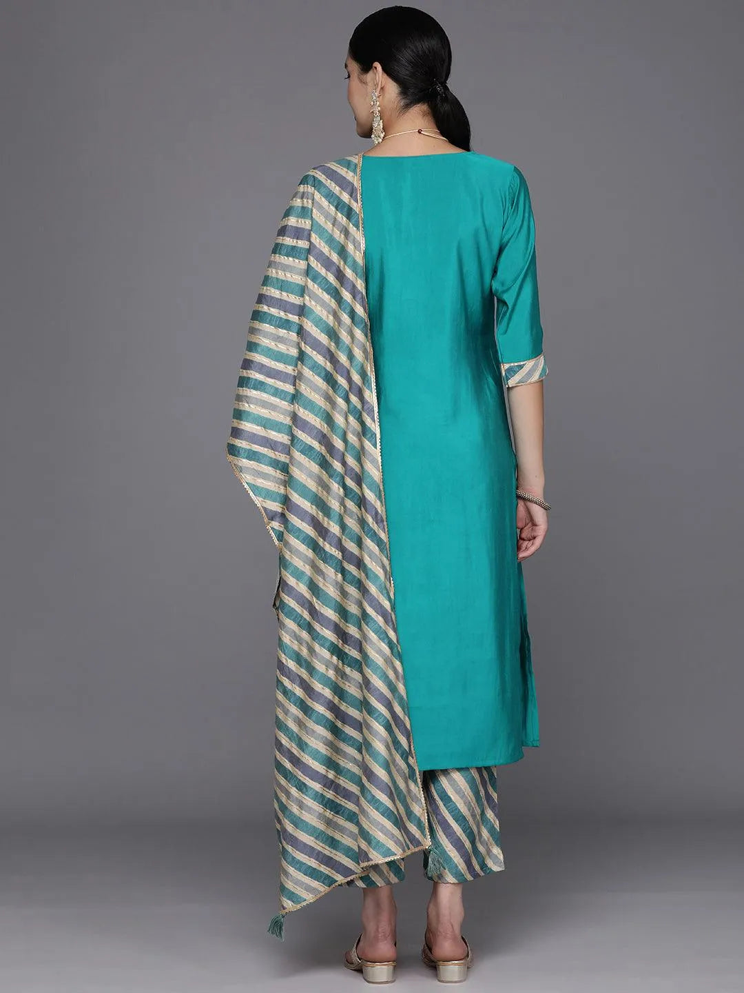 Blue Embroidered Silk Blend Straight Suit Set With Trousers - Libas 