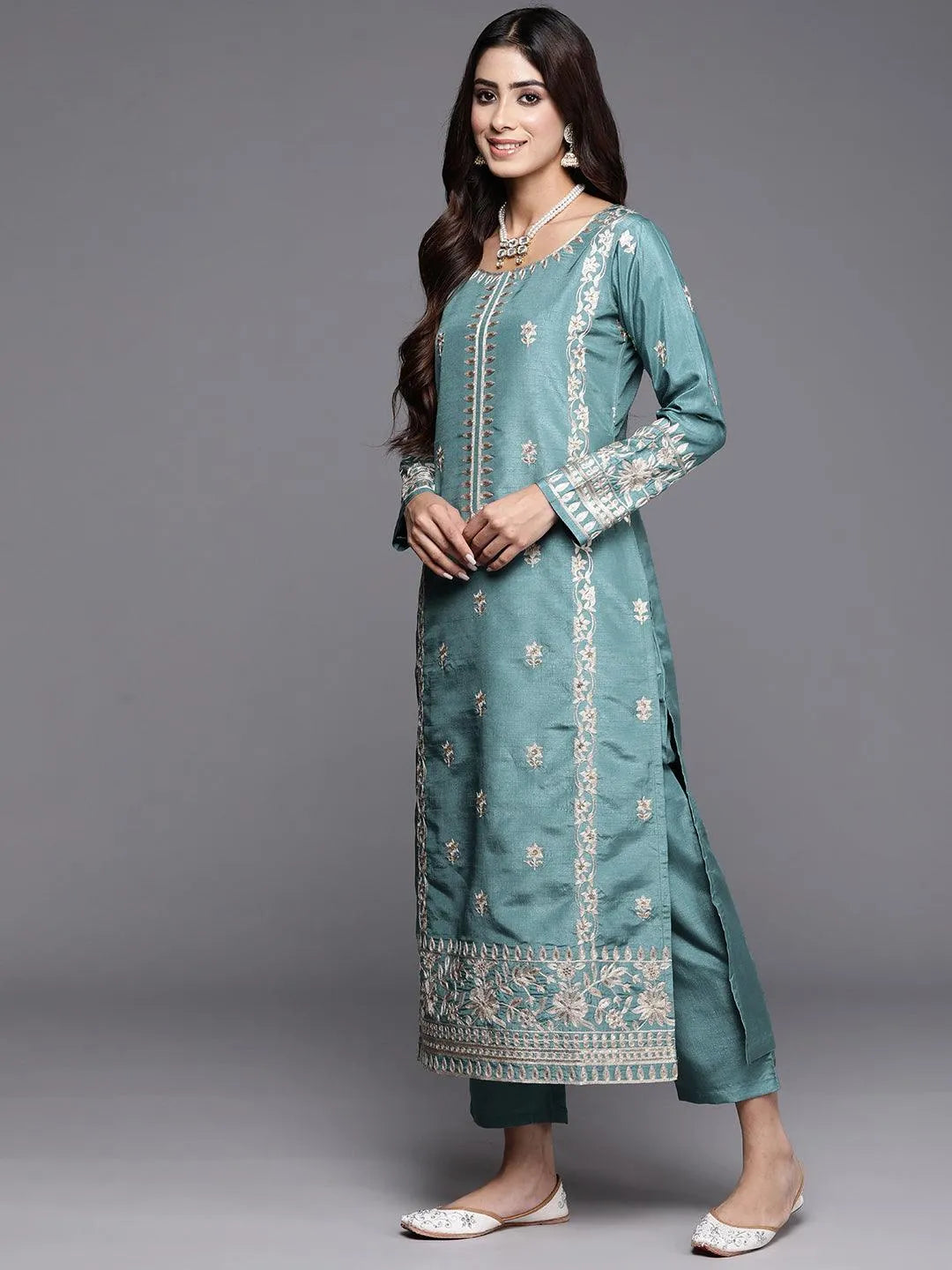 Blue Embroidered Silk Blend Straight Kurta With Trousers & Dupatta - Libas 