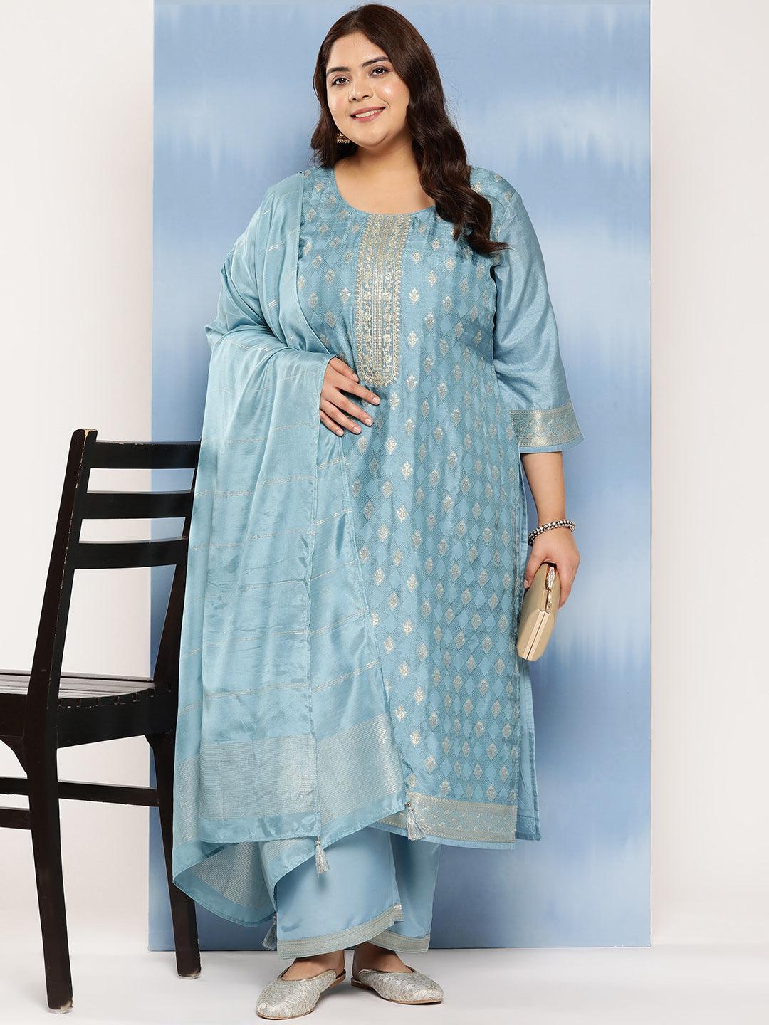 Blue Embroidered Silk Blend Straight Kurta With Trousers and Dupatta - Libas