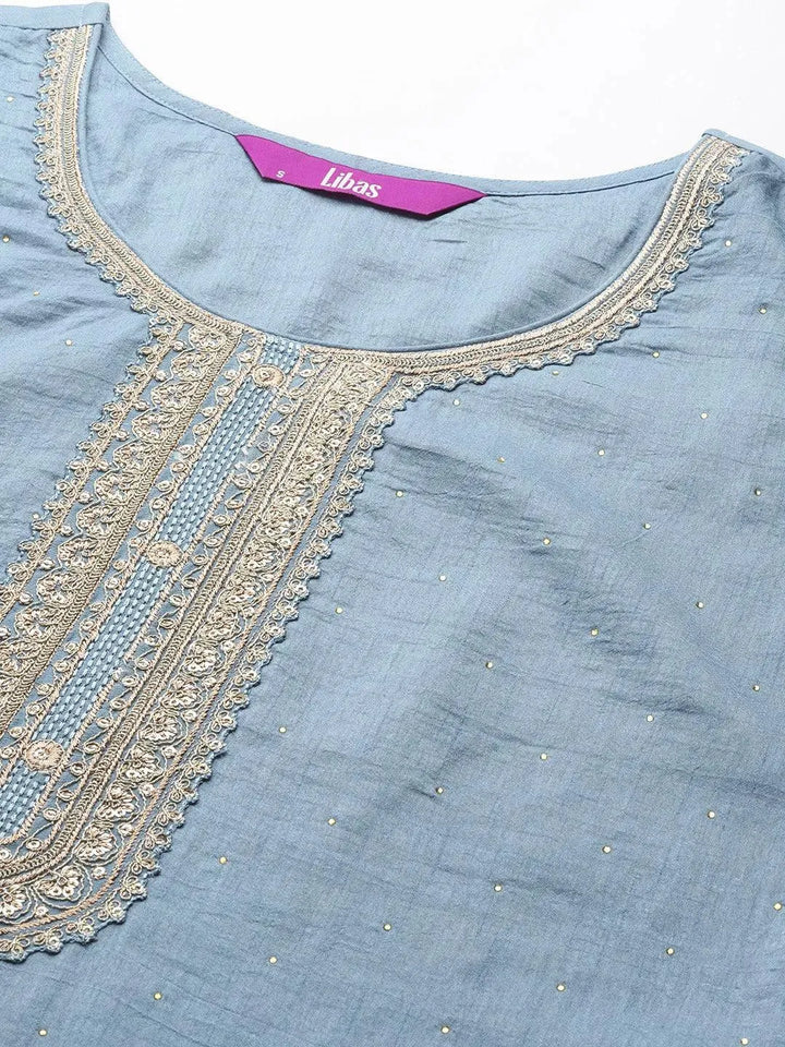 Blue Embroidered Silk Blend Straight Suit Set - Libas