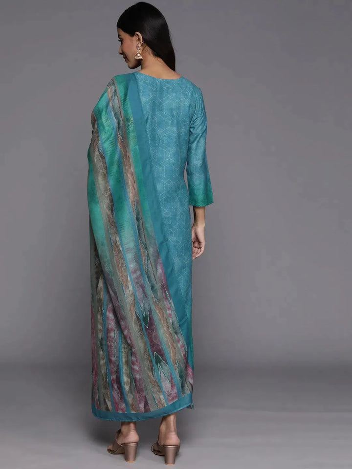 Blue Embroidered Silk Blend Suit Set With Trousers - Libas