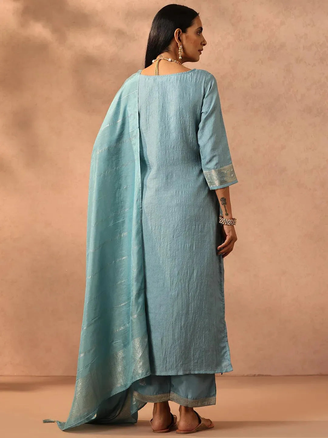 Blue Embroidered Silk Blend Suit Set With Trousers - Libas 