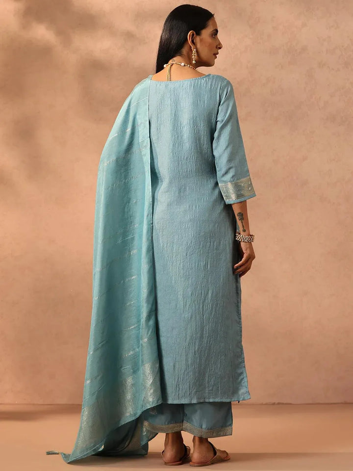 Blue Embroidered Silk Blend Suit Set With Trousers - Libas