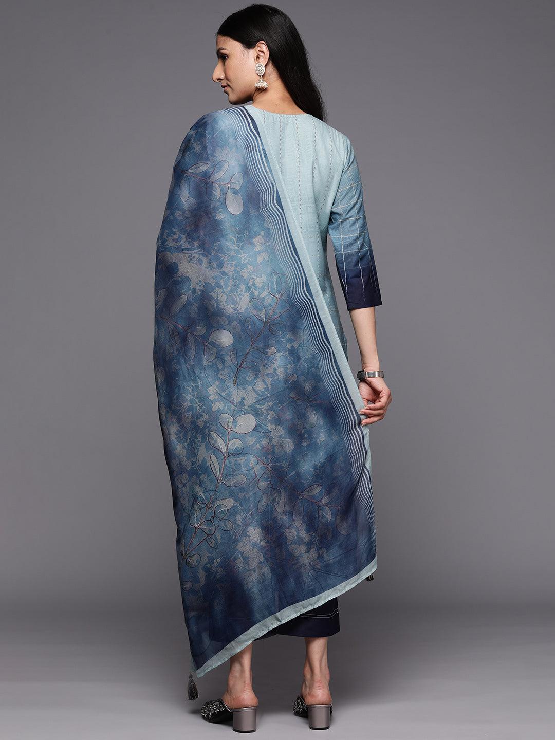 Blue Embroidered Silk Blend Straight Suit Set With Trousers - Libas