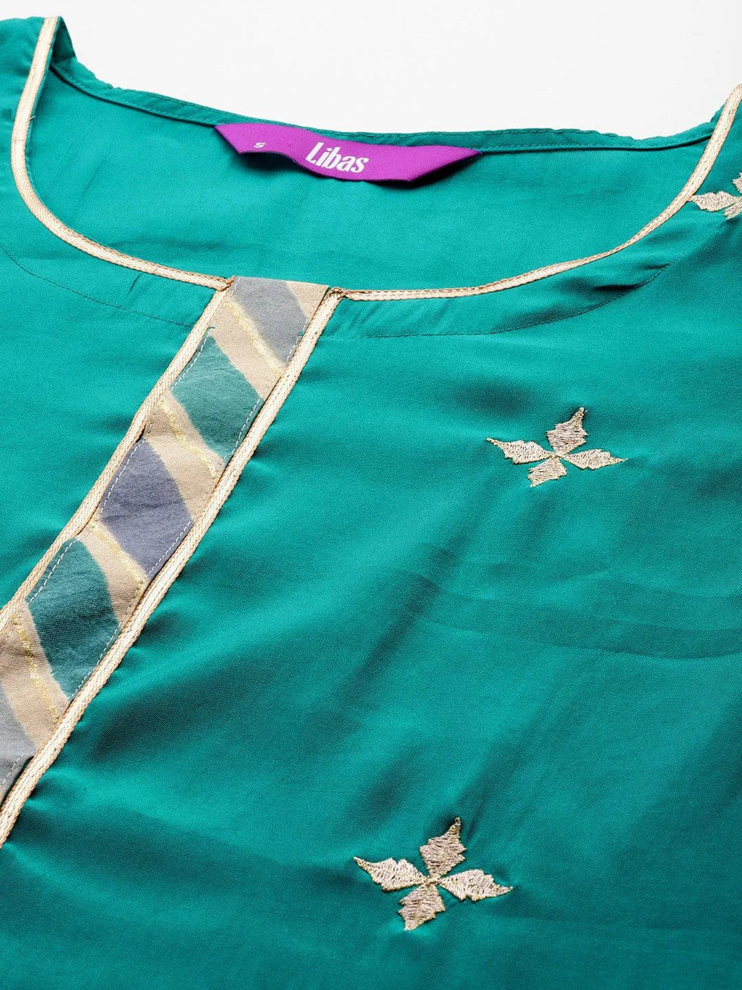 Blue Embroidered Silk Blend Straight Suit Set With Trousers - Libas 