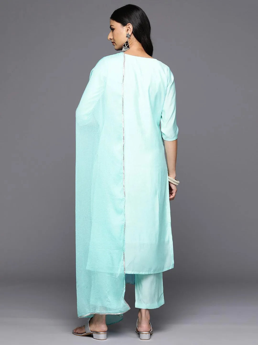Blue Embroidered Silk Blend Straight Kurta With Trousers & Dupatta - Libas 