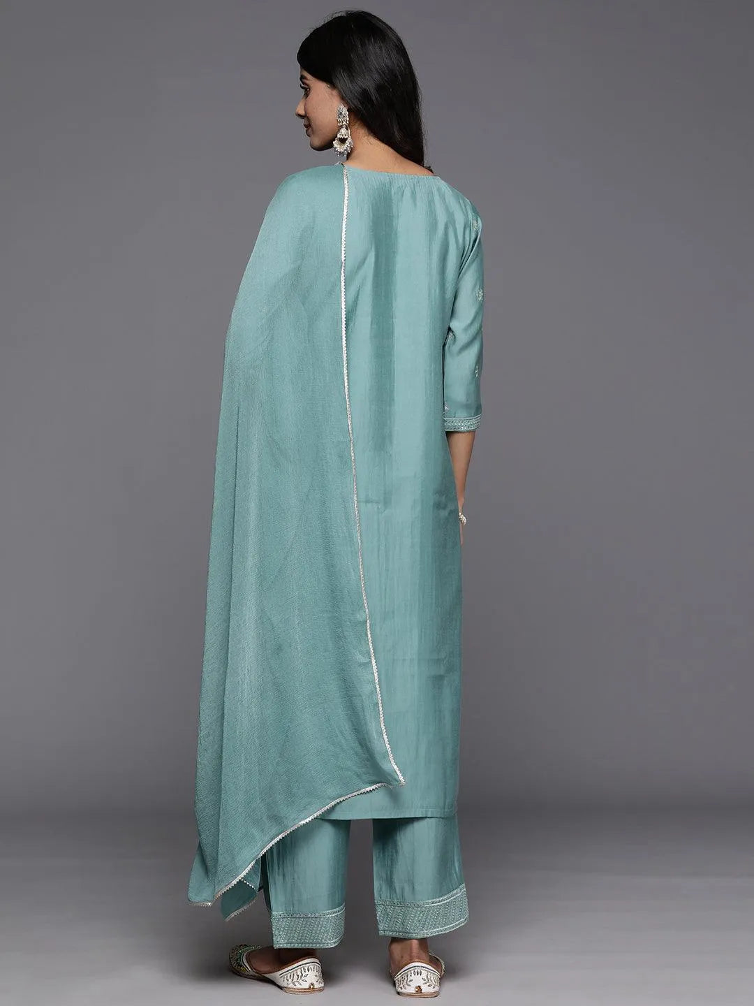 Blue Embroidered Silk Blend Straight Kurta With Trousers & Dupatta - Libas 