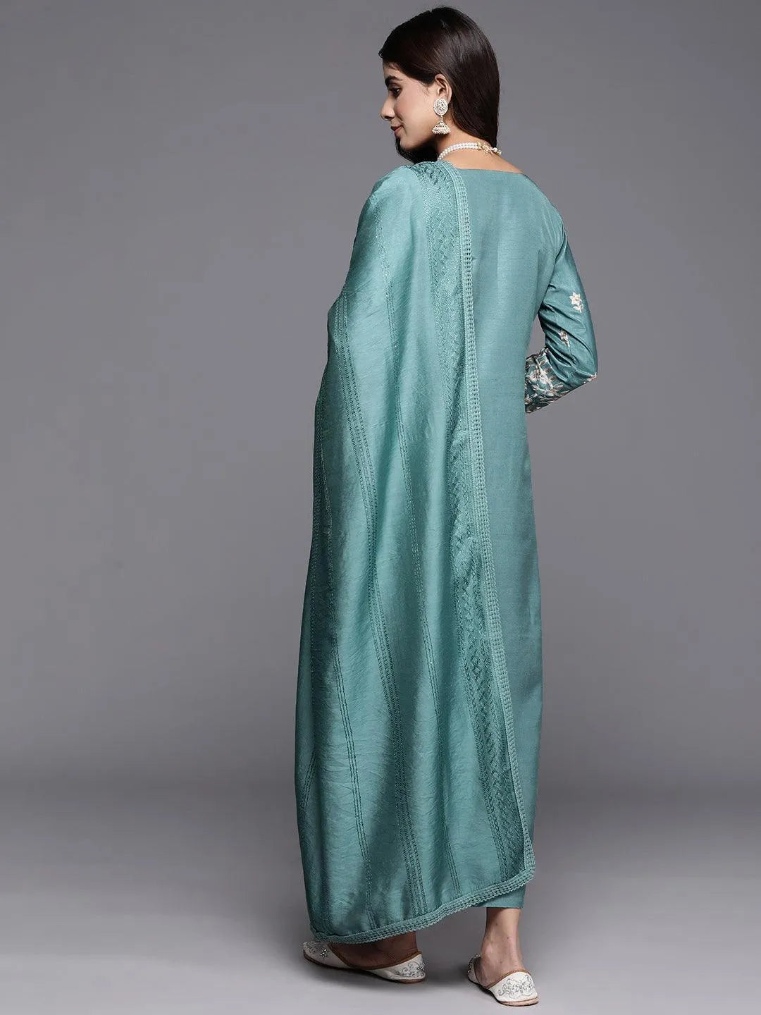 Blue Embroidered Silk Blend Straight Kurta With Trousers & Dupatta - Libas 