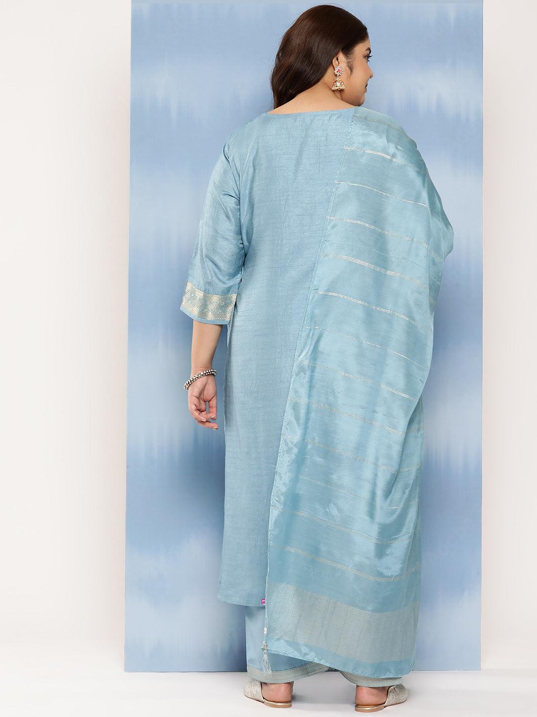 Blue Embroidered Silk Blend Straight Kurta With Trousers and Dupatta - Libas