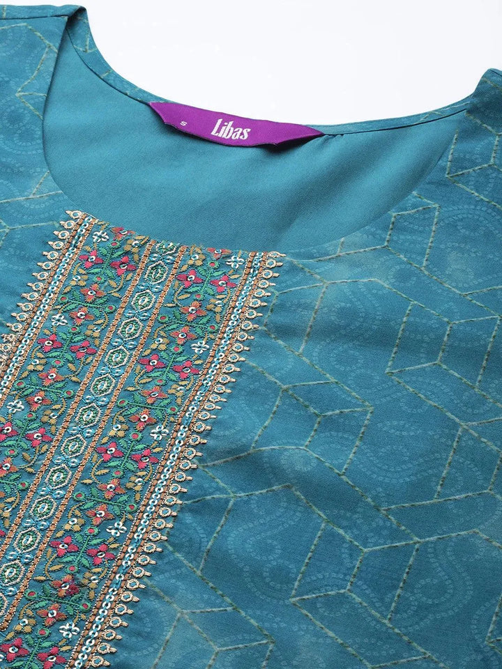 Blue Embroidered Silk Blend Suit Set With Trousers - Libas
