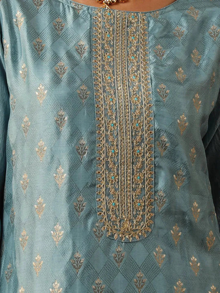 Blue Embroidered Silk Blend Suit Set With Trousers - Libas