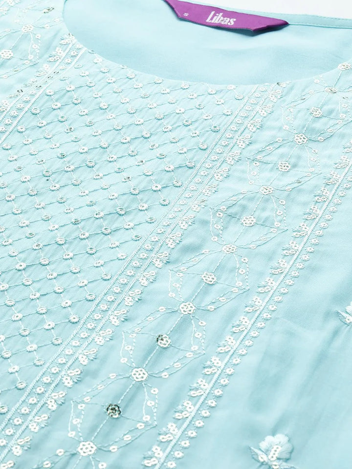 Blue Embroidered Silk Blend Straight Kurta With Trousers & Dupatta - Libas