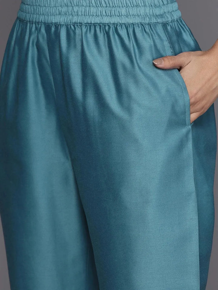 Blue Embroidered Silk Blend Suit Set With Trousers - Libas