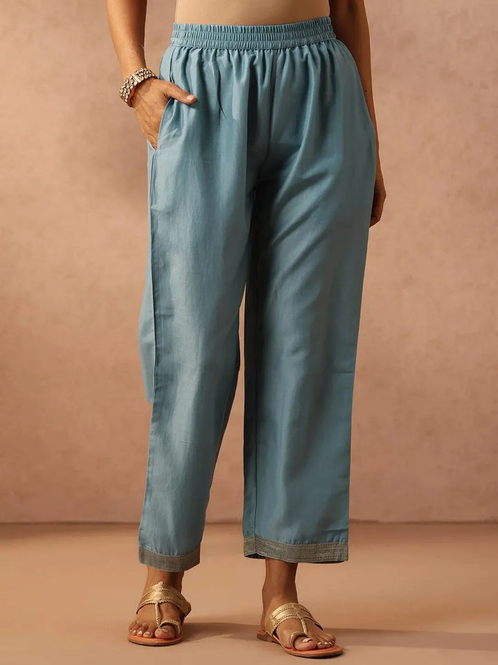 Blue Embroidered Silk Blend Suit Set With Trousers - Libas
