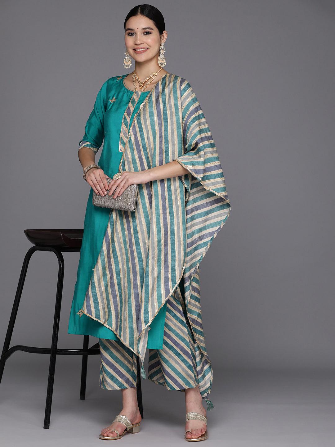 Blue Embroidered Silk Blend Straight Kurta With Trousers & Dupatta
