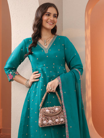 Blue Embroidered Silk Blend Anarkali Suit Set With Dupatta