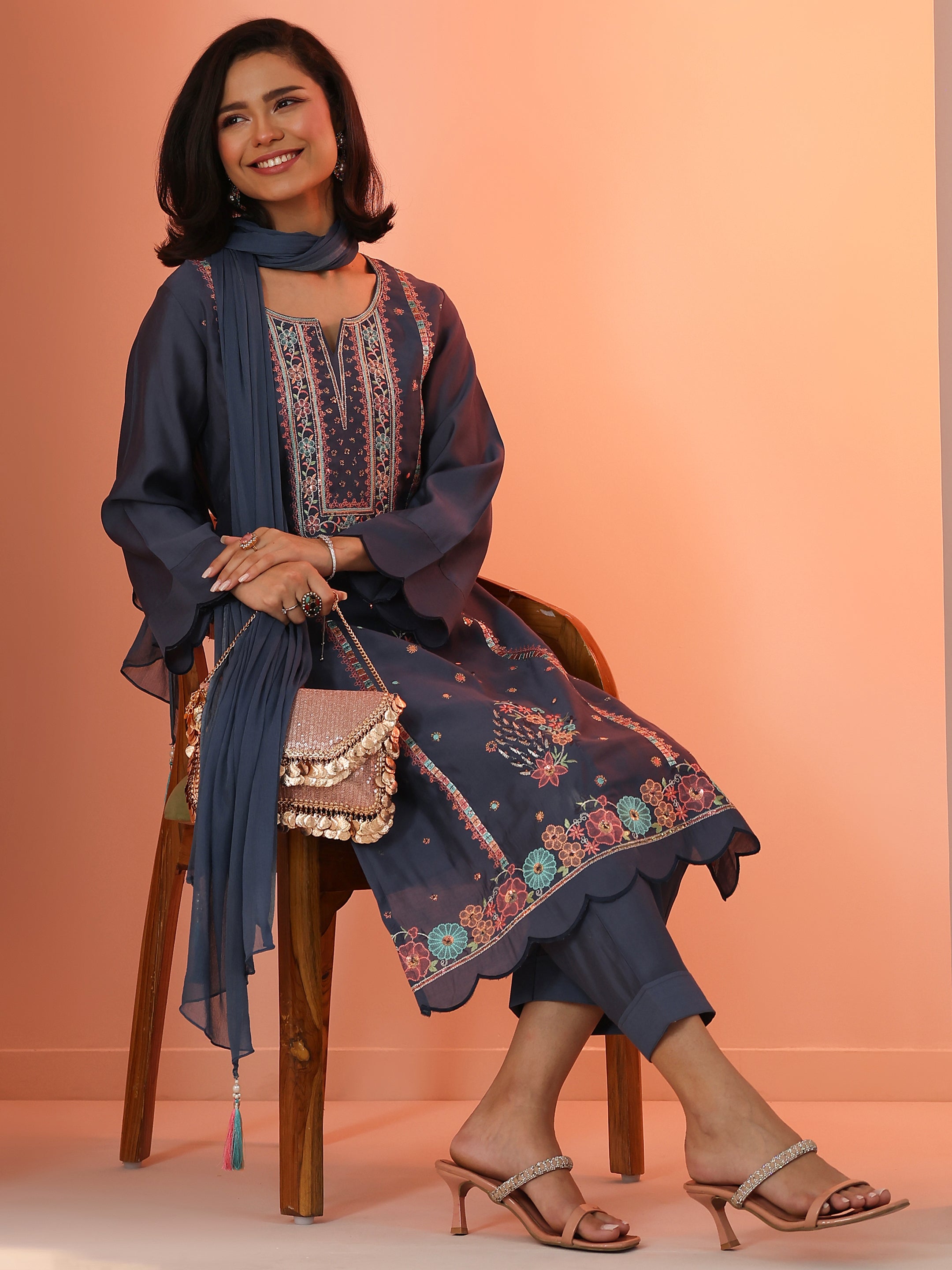 libas Blue Embroidered Silk Blend Straight Suit Set With Dupatta-picture-17