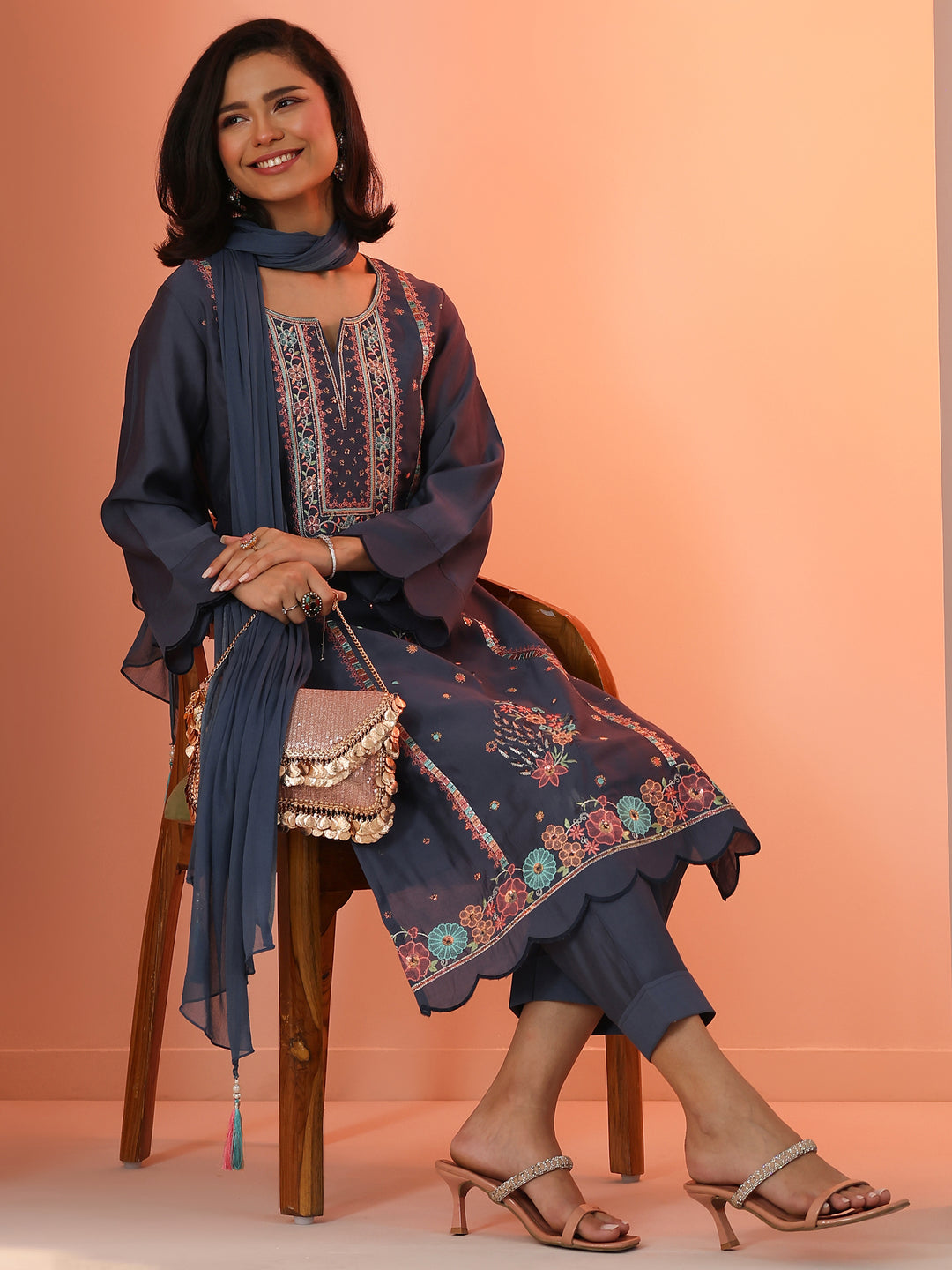 Blue Embroidered Silk Blend Straight Suit Set With Dupatta